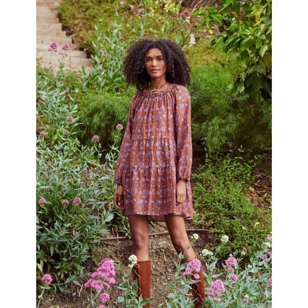 Xirena Lea Dress Small Golden Clover Floral Silk Cotton Peasant Mini Boho Tiered